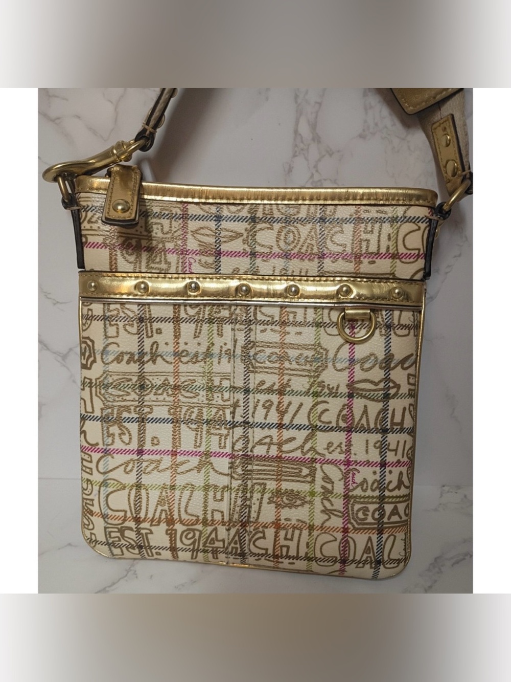 Coach Tattersall Graffiti swingpack crossbody bag cream and multicolor plaid